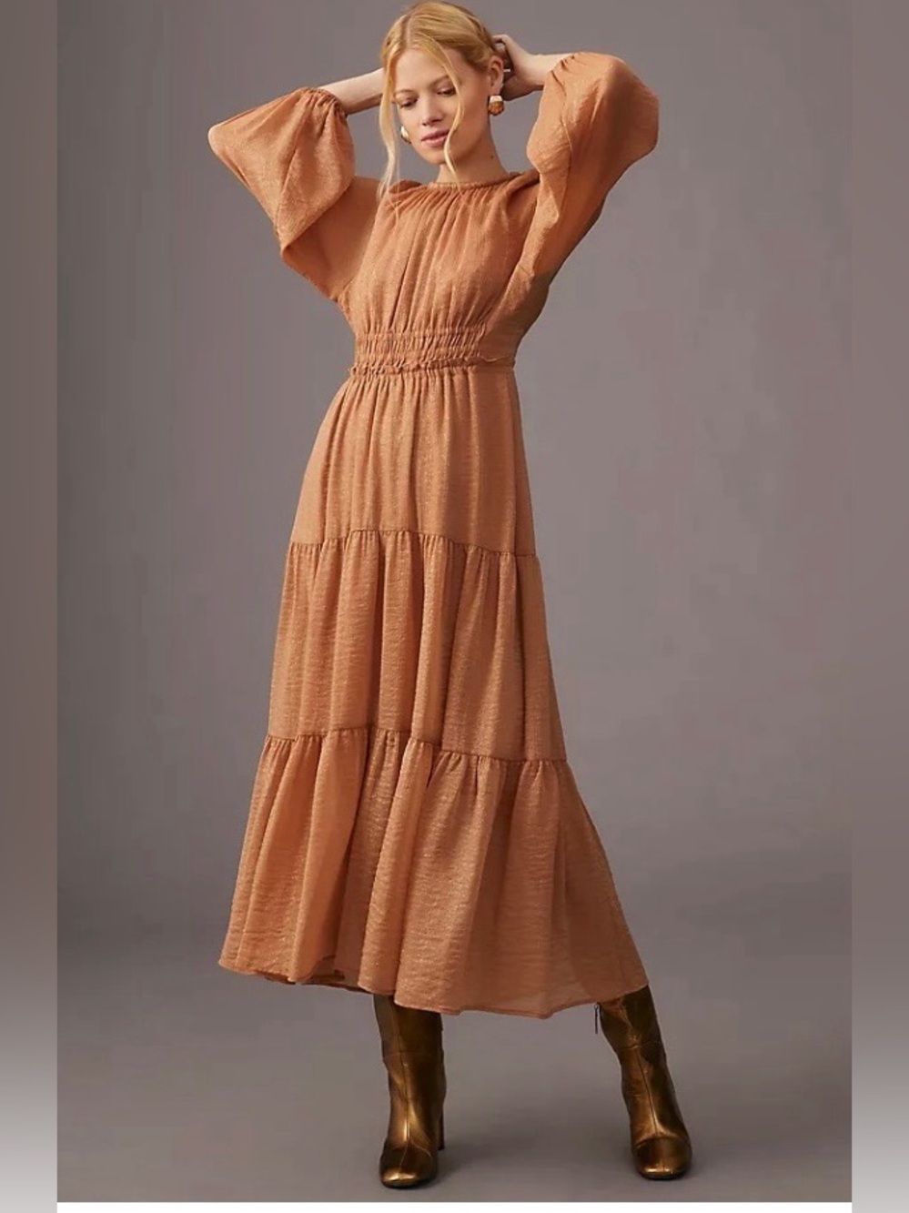 Moon River Rust Tiered Midi Dress